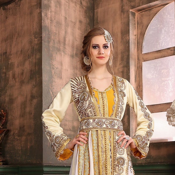 Wedding Moroccan Kaftan White annd Gold Islamic Takchita Designer Caftan