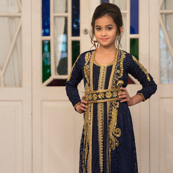 Blue Color Party Wear Full Sleeve Gold Beading Kids Kaftan takchita dresses