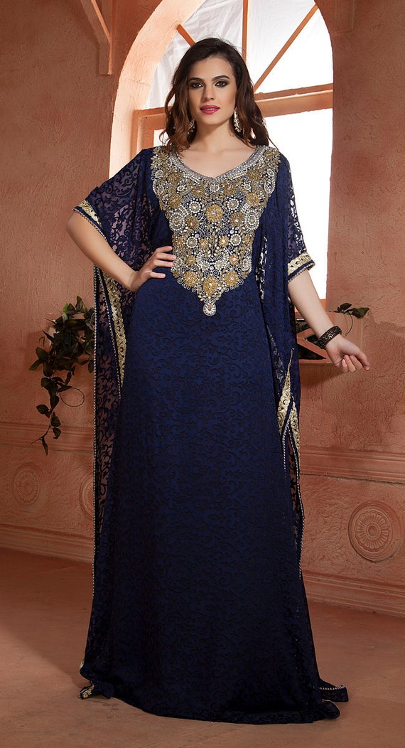 Donkerblauwe kleur Arabisch ontwerp Kaftan voor vrouwen Marokkaanse caftan Afrikaanse bruiloft Takchita jurken Gratis borduurwerk Hijab Etsy Nederland