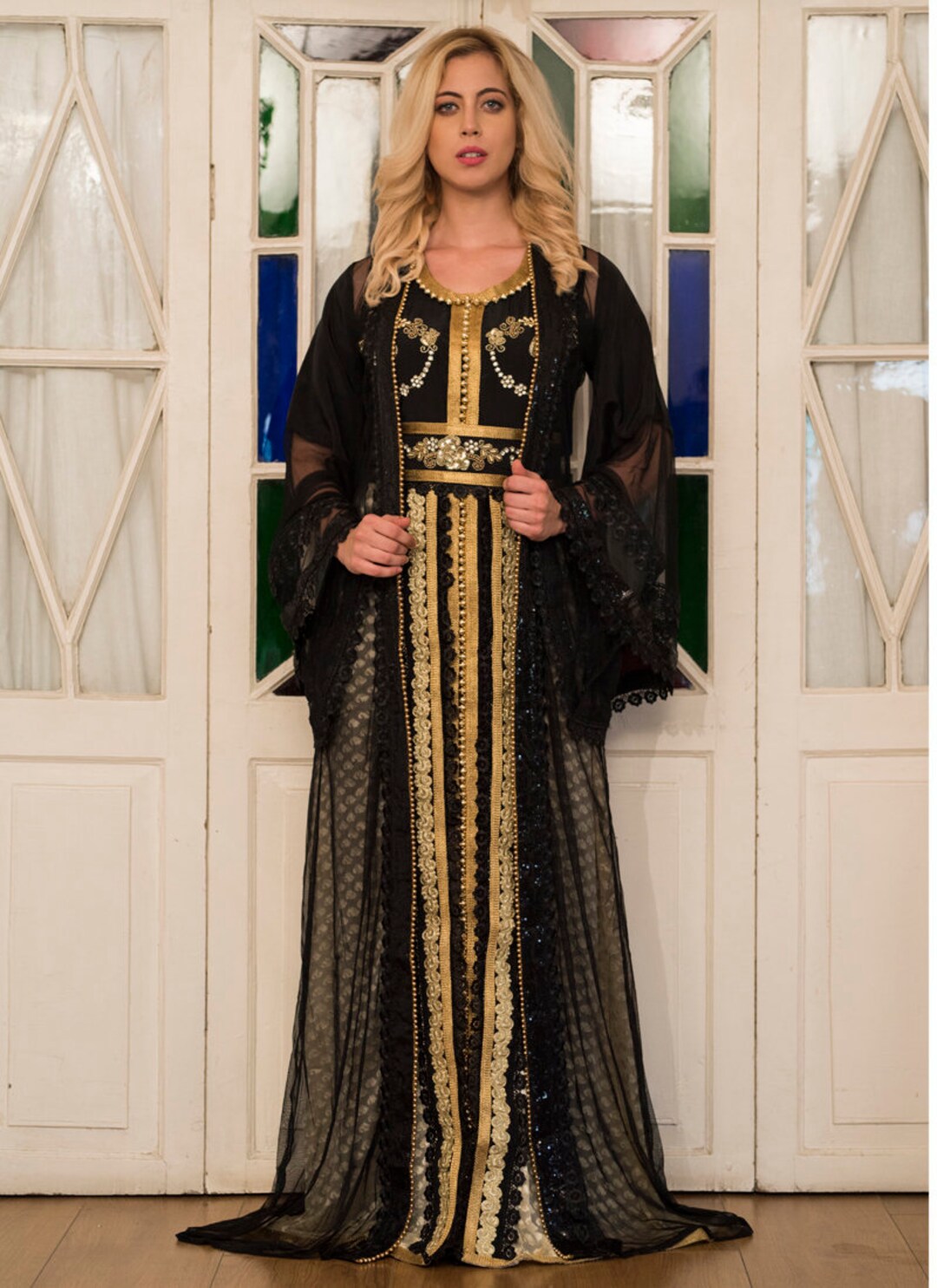 Beige & Black Designer Kaftan Set