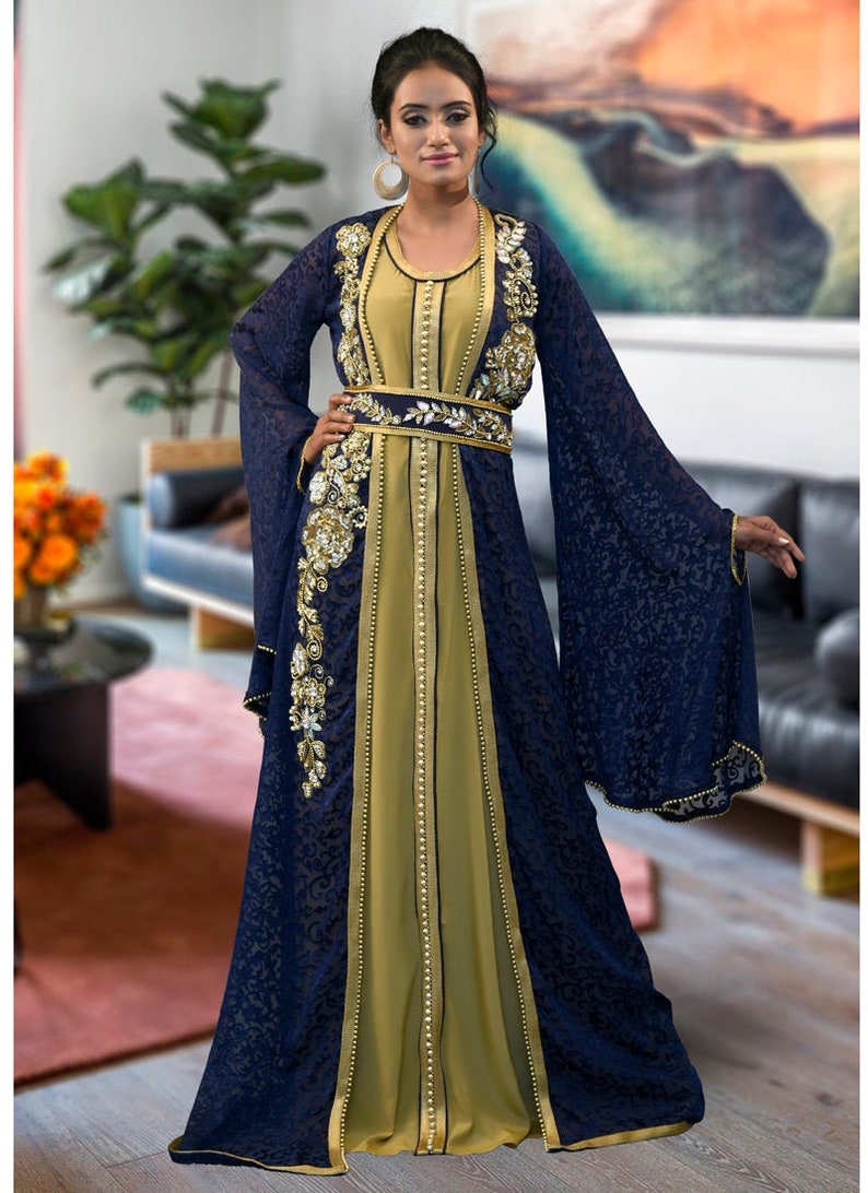 Dark Blue Color Islamic Moroccan Kaftan african wedding takchita dresses Free Embroidery Hijab image 1