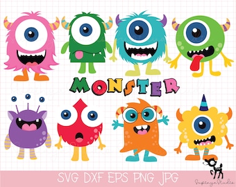 May include: A set of nine colorful cartoon monster illustrations. The monsters have different colors, shapes, and expressions. The word "MONSTER" is written in colorful letters below the monsters.