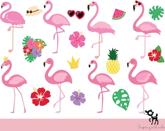 Flamingo SVG, Tropische Blätter Vögel SVG, Wald, Ananas, Hibiskus Blume SVG.