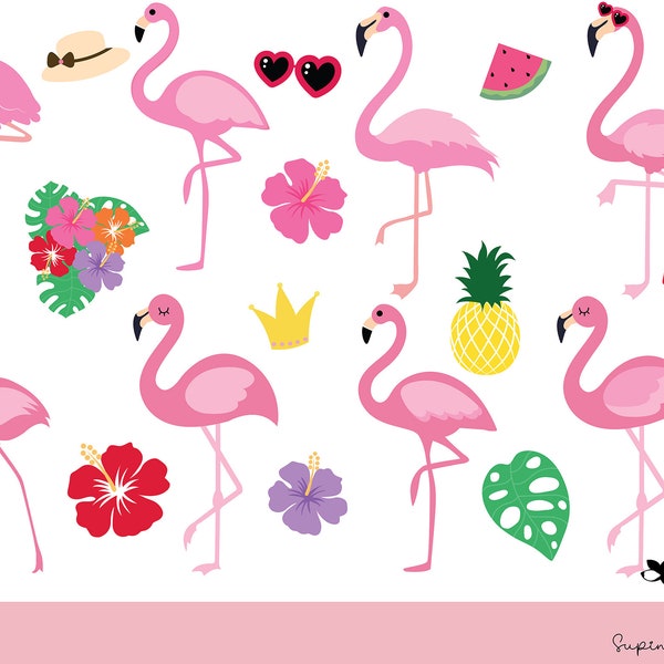 Flamant rose SVG, Feuilles tropicales Oiseaux SVG, Forêt, Ananas, Fleur d’Hibiscus SVG.