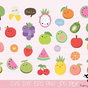 Kawaii Cute Fruit Clipart Bundle | Digital Stickers, | Cute Watermelon, Strawberry, Avocado, Apple Graphics for Scrapbooking