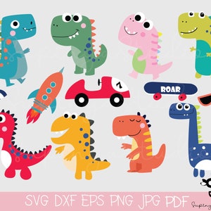May include: A set of ten colorful cartoon dinosaur illustrations, including a red, blue, green, yellow, and pink dinosaur. The dinosaurs are in various poses, including standing, sitting, and running. There are also a few additional illustrations, including a rocket, a car, a skateboard, and sunglasses.