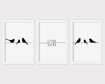 Family Bird Silhouette Print, Black White Wall Art, Modern Home Decor