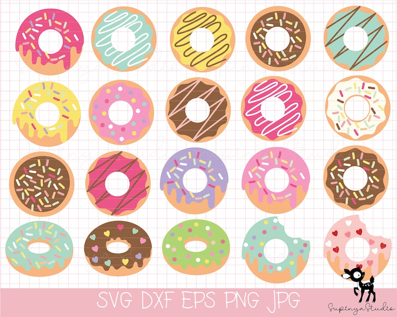 May include: Set of 18 colourful donut illustrations with various toppings, including sprinkles, chocolate, and frosting. The donuts are arranged in a grid pattern on a white background with a light blue grid.