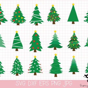 May include: Set of 16 Christmas tree illustrations in various styles. The trees are green with different coloured ornaments, lights, and stars. The trees are on a white background with a grid pattern.