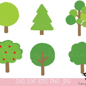 May include: Set of six digital clipart images of different trees. The trees are in a cartoon style with a green, brown, and red color scheme. The trees include a pine tree, a bush, a tree with apples, and three different types of deciduous trees.