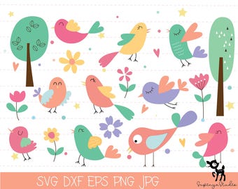 Cute Birds Clipart Set |Spring Cute Birds Clipart| Spring Animal Clip Art | Hand-Drawn Digital Download | Floral