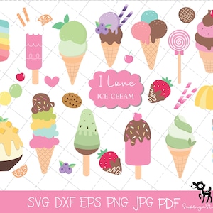 Pacchetto Clipart Gelato, Kawaii Gelato PNG SVG, Clipart Dessert Estivo, Illustrazioni Carine Gelato, Grafica Dolci Pastello,