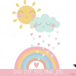 May include: A digital design featuring a yellow sun with a smiling face, a blue cloud with a smiling face, and a rainbow with hearts falling from the cloud. The text "SVG DXF EPS PNG JPG" is at the bottom of the image.