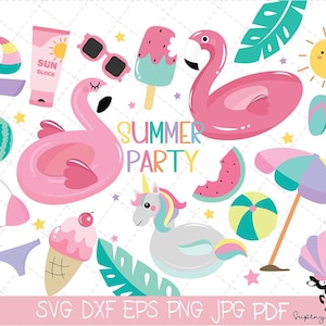 Summer Party Clipart Bundle | Cute Flamingo SVG | Beach Vacation PNG | Ice Cream Sublimation | Digital Download