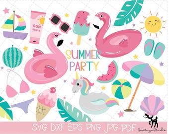 Summer Party Clipart Bundle | Cute Flamingo SVG | Beach Vacation PNG | Ice Cream Sublimation | Digital Download