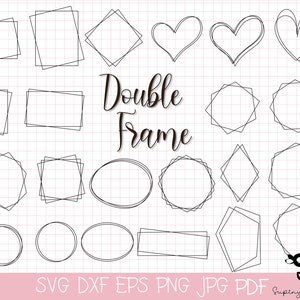 May include: A set of 20 double frame outlines in black. The frames are in various shapes, including circles, squares, hearts, and diamonds. The text "Double Frame" is written in cursive at the top of the image.