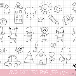 Op de afbeelding: Een verzameling zwart-wit lijntekeningen met kinderen, een regenboog, een huis, een wolk, een zon, bloemen, een klok, een potlood, een palet, een ster, een bal, een vogel, een vlinder, een auto, een boom en een hert. De tekst "SVG DXF EPS PNG JPG PDF".
