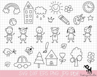 Children doodle , house, sun, rainbow and car. hand drawn funny little kids play,school. cute children drawing. SVG