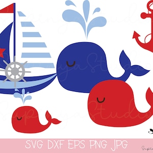 Nautical Clipart - Digital Vector, Whale, Whale family, Boat, Nautical Clip Art,Nautical SVG, dxf, png, jpg 6 PCS