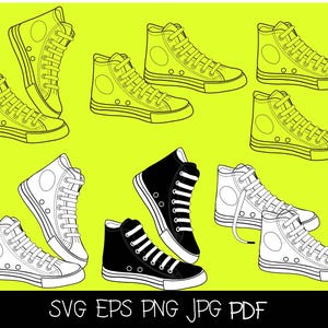 May include: A collection of high-top sneakers in various colors, including yellow, black, and white, set against a bright green background. The sneakers are illustrated with black outlines, showcasing laces, eyelets, and the iconic ankle patch. The image includes the text "SVG EPS PNG JPG PDF".