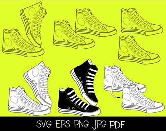 High Top Sneaker SVG Clipart Bundle, Converse Style Shoes PNG, Black White Shoe Outline Vector, Skateboard Shoe Cricut Cut File