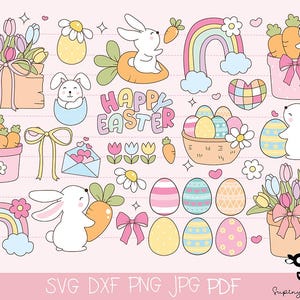 Puede incluir: Un conjunto de clipart digital de temática de Pascua con conejos, huevos, flores, arcoíris y el texto "Feliz Pascua".