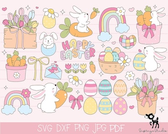 Easter Bunny Clipart Bundle | Cute Pastel Easter SVG | Spring Digital Stickers, Kawaii Rabbit Illustration