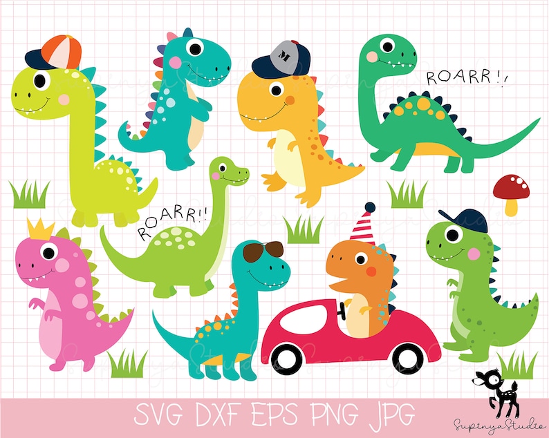 K&ouml;nnte beinhalten: Ein Set aus neun bunten Cartoon-Dinosaurier-Illustrationen. Die Dinosaurier tragen H&uuml;te, Sonnenbrillen und eine Partym&uuml;tze. Ein Dinosaurier f&auml;hrt ein rotes Auto. Der Text "ROARR!" erscheint zweimal im Bild.