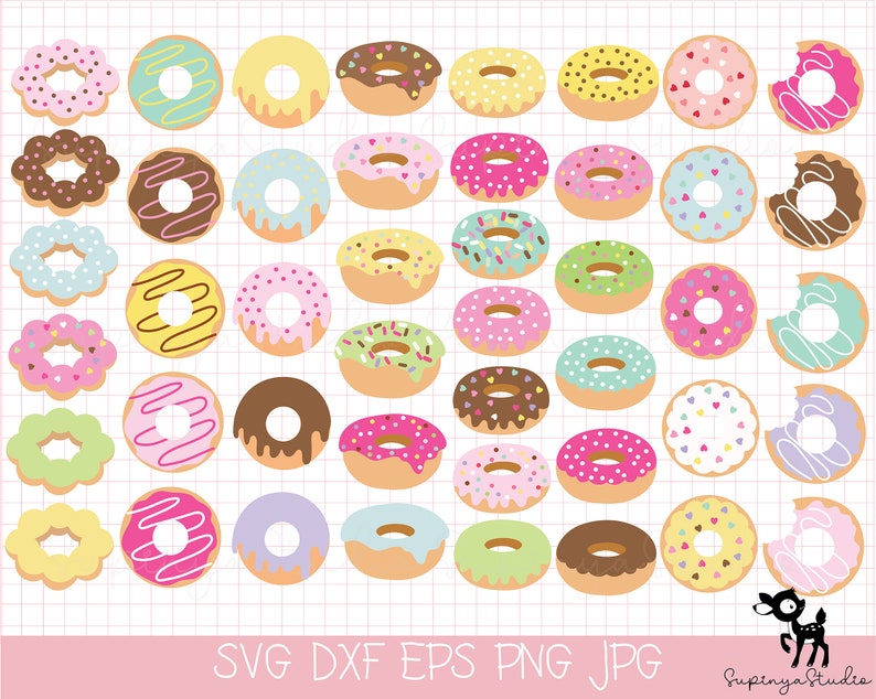 May include: A set of 36 colorful donut illustrations with various toppings, including sprinkles, chocolate, and frosting. The donuts are arranged in a grid pattern on a white background with a light pink grid.