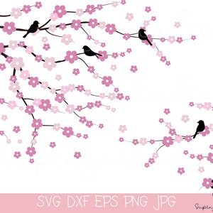 Blumenzweige mit Vögeln SVG, KirschblüteN SVG, Vögel, Rosa Sakura, Rosa Blumen SVG, Kirschzweig, Kirsch silhouette