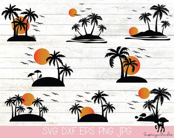 May include: A collection of black silhouette designs featuring tropical island scenes with palm trees, a setting sun, and flying birds. The designs are set against a white wood-grain background. The bottom of the image includes the text "SVG DXF EPS PNG JPG".