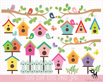 Birds and Birdhouses SVG clip art set of birds, birdhouses, spring,Branches, cute - personal use, small commercial use PNG,EPS 44pcs