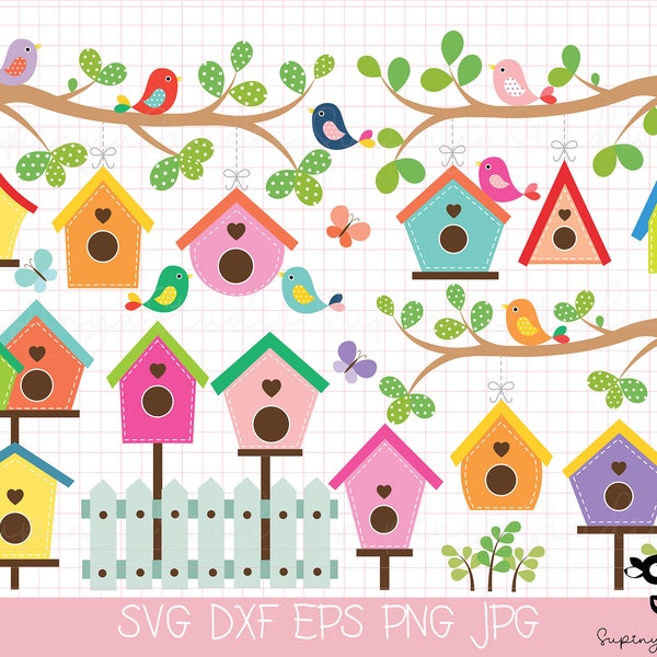 Birds and Birdhouses SVG clip art set of birds, birdhouses, spring,Branches, cute - personal use, small commercial use PNG ,EPS 44pcs