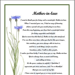 Mother in law Poem, DIGITAL DOWNLOAD, To Mother in law From Daughter in law, Thank You Mother in law, Mother in law 65th 75th 80th Birthday,