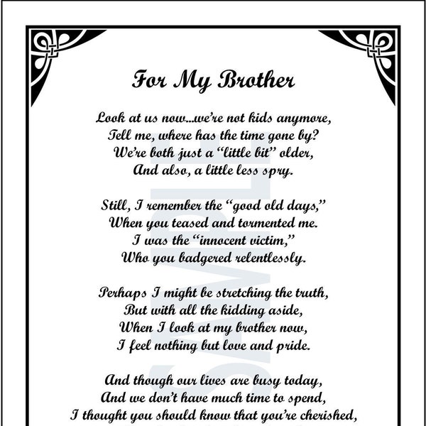 A Poem For My Brother's Birthday - DIGITAL DOWNLOAD,  Brother Gift Present Verse Saying Print-Best Brother 40th 50th 60th 65th 70th Birthday