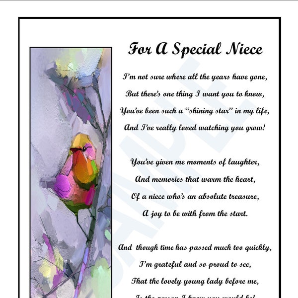 Poem For A Special Niece- Niece Poem- Niece Graduation Gift-Nieces Birthday- Nieces 18th 21st 30th 40th 50th Birthday- Niece Moving Away,