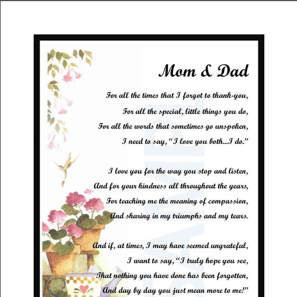 Anniversary Poem For Parents, Thank You Gift For Groom's Bride's Parents, DIGITAL DOWNLOAD, Thank You Mom Dad, Parent Appreciation Gift,