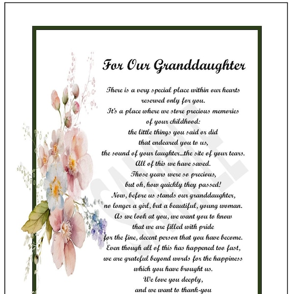 Our Granddaughter Poem, DIGITAL DOWNLOAD, Granddaughter Verse Saying Print Gift Present 16th 18th 21st Birthday Graduation, Granddaughter,