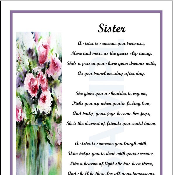 Sister,  DIGITAL DOWNLOAD, Sister Poem, Sister Gift, Sister Present, Sister Moving Away, Sister's Birthday, Sister's 40th 50th Bday