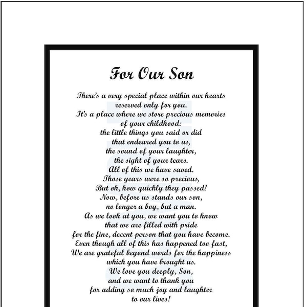 Poem For Our Son, DIGITAL DOWNLOAD, Son Gift Present Verse Print Saying Poem, Son's 21st 30th 40th Birthday, Best Son Ever, Son's Graduation