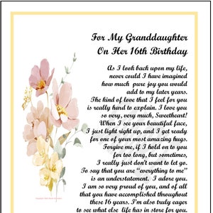 Gedicht mijn kleindochter, DIGITALE DOWNLOAD, kleindochtercadeau voor 16e verjaardag, gedicht 16e verjaardag, kleindochter afdrukken, kleindochter vers,