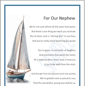 Gedicht print cadeau voor onze neef, digitale download-neef afstuderen-neef 18e 21e 30e verjaardagscadeau-speciaal neef cadeau aanwezig,