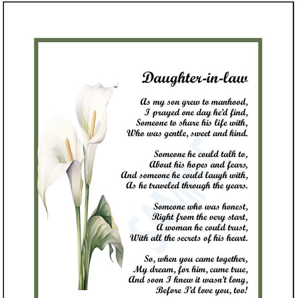 My Daughter-in-law Best Poem Print Verse Gift Present, DIGITAL DOWNLOAD- Best Daughter-in-law Bridal Shower 30th 40th Birthday Present Gift