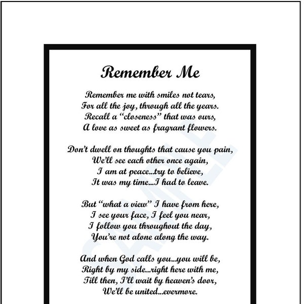 Memorial Poem, DIGITAL DOWNLOAD, Remember Me, Memorial Gift, Loss of  Husband, Loss of  Wife, Loss of  Mother, Loss of  Father, In Memory of