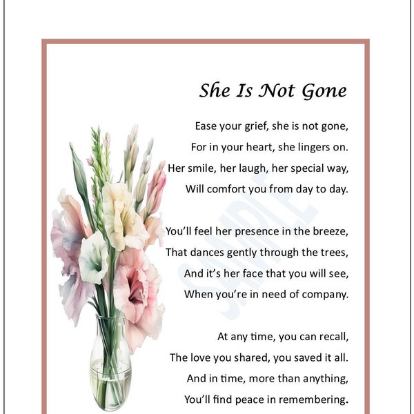 Mother Memorial Poem, DIGITAL DOWNLOAD, Loss of a Mother, Loss of a Wife, Mother Memorial Print, Wife Memorial Poem, Mother Sympathy Gifts,