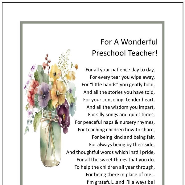 Thank You To Preschool Teacher, DIGITAL DOWNLOAD, Poem For Preschool Teacher, Best Preschool Teacher Verse Print Saying Gift Present,