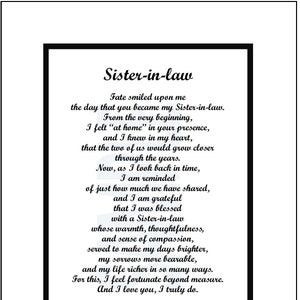 Sister In Law Poem, DIGITAL DOWNLOAD, Sister in law Verse Print Saying, Sister in law  40th 50th 60th 70th Birthday, Thanks Sister in law,