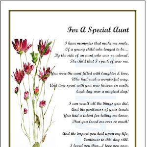 Regalo especial para tía, DESCARGA DIGITAL, Impresión de poemas y versos para tía, Regalo para la mejor tía del mundo, Regalo para el 60, 70, 80 o 90 cumpleaños de tu tía.