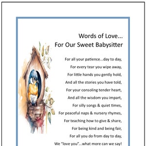 Babysitter Poem, Babysitter Gift, Babysitter Present, Babysitter&#39;s birthday, DIGITAL DOWNLOAD Babysitter Verse Print Thank You Appreciation