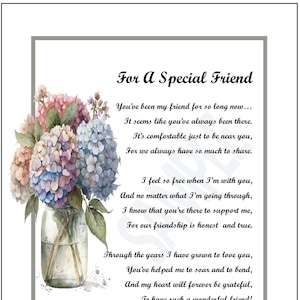 Poem Print Verse For A Special Friend, DIGITAL DOWNLOAD, Best Friend Poem Gift, Friendship Gift Present, Friend 30th 40th 50th Birthday Gift